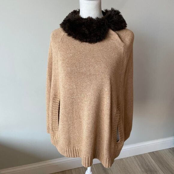 Land's End Tan & Brown Knit Cape Sweater w Removable Faux Fur Collar Women's XL - Picture 1 of 8
